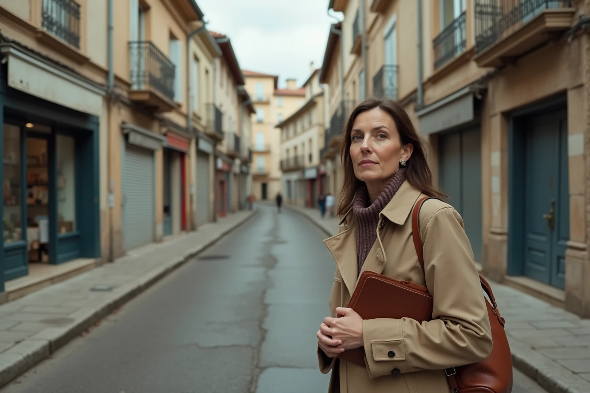 Femme évaluant l'état d'un quartier avant un achat immobilier dans une ville du sud de la France