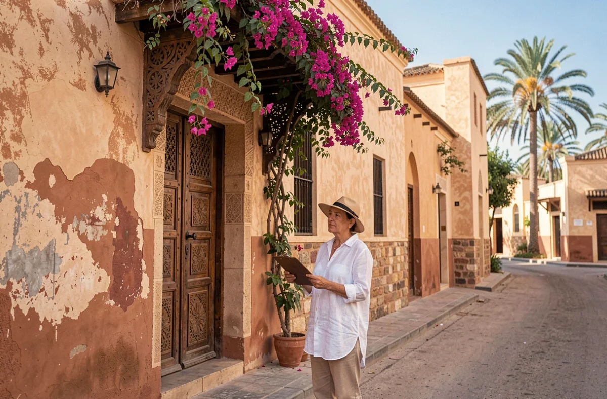 Femme évaluant une villa riad traditionnelle à Marrakech avant une transaction immobilière sécurisée