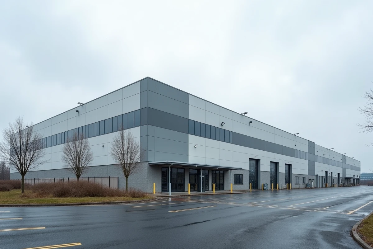 Façade d'un bâtiment industriel moderne en zone logistique, illustration du prix au m2 en 2026