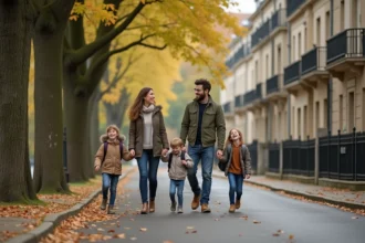 Famille se promenant dans une avenue résidentielle arborée de Maisons-Laffitte avec maisons en pierre élégantes en arrière-plan