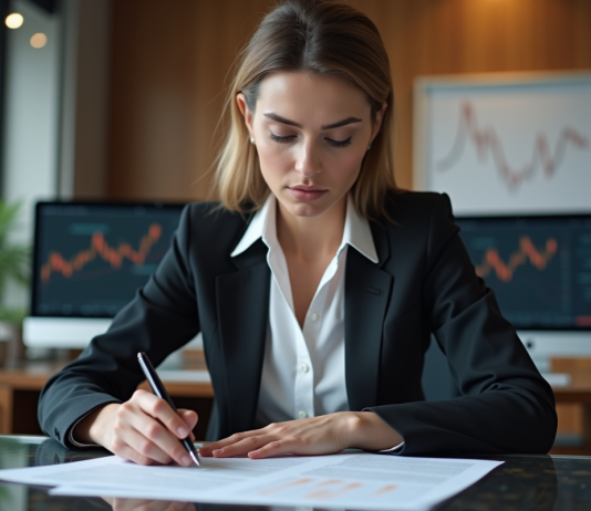 Prêt in fine : les 2 caractéristiques clés à connaître en 2025 Femme d'affaires en réunion dans un bureau moderne