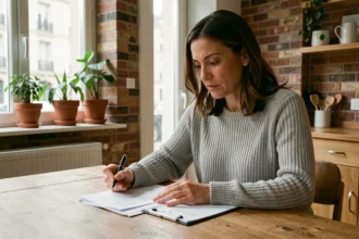 Femme consultant des documents d'assurance habitation dans un appartement moderne à Saint-Nazaire