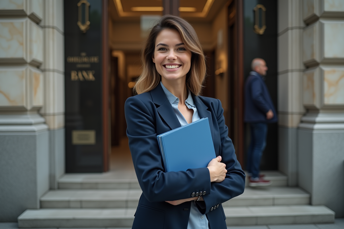 Jeune femme debout devant une banque avec un dossier bleu