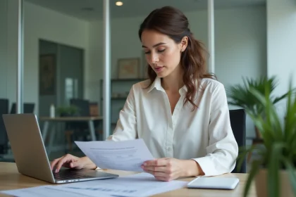 Femme au bureau examinant des documents immobiliers