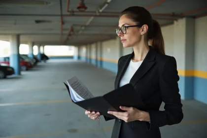 Femme d'âge moyen dans un parking souterrain en tenue professionnelle