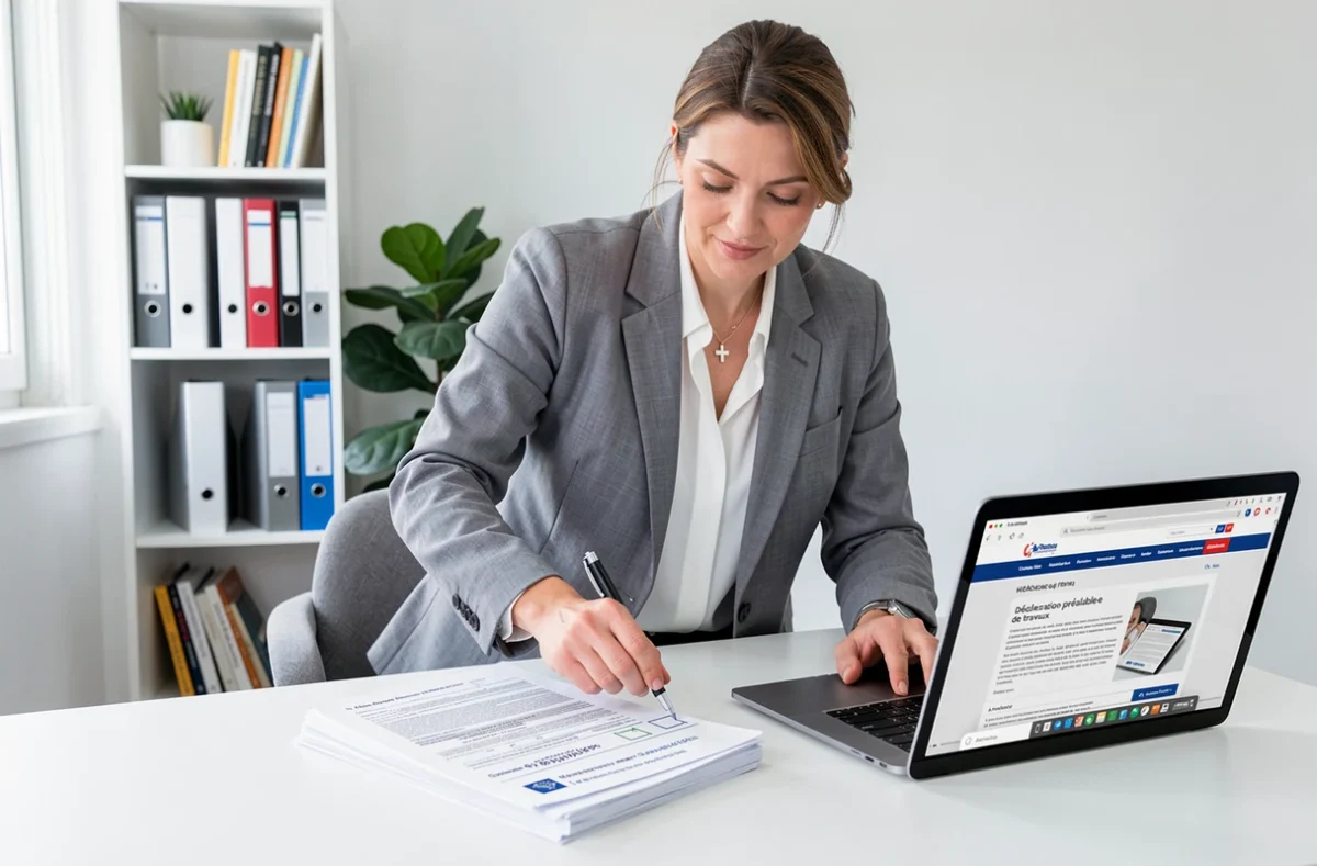 Femme consultant un formulaire de déclaration préalable de travaux dans un bureau à domicile moderne avec un ordinateur portable