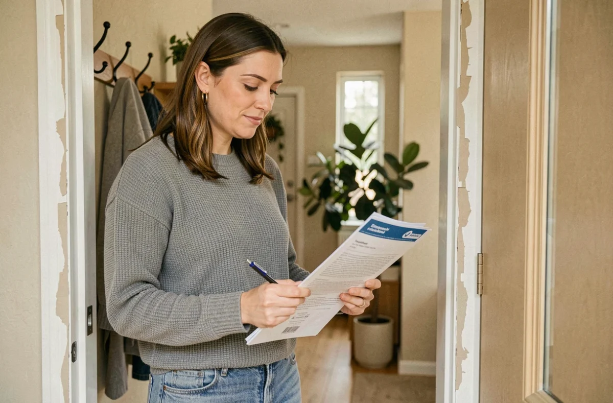 Femme consultant son contrat d'assurance habitation après une intervention de serrurier
