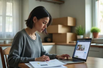 Femme seule consultant des documents de location d'appartement après une séparation, assise dans une cuisine avec des cartons de déménagement en arrière-plan