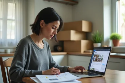 Femme seule consultant des documents de location d'appartement après une séparation, assise dans une cuisine avec des cartons de déménagement en arrière-plan
