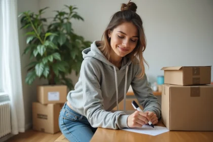 Jeune femme étiquetant des cartons dans un appartement lumineux
