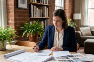 Femme étudie documents immobiliers dans un appartement moderne