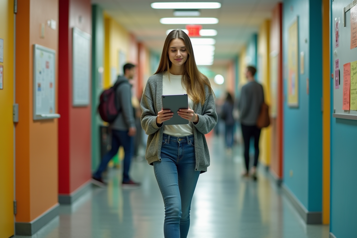 Femme étudiante marchant dans un couloir de résidence universitaire