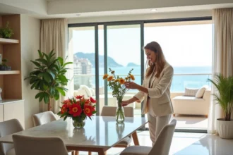 Femme élégante arrangeant des fleurs dans un appartement à Monte Carlo
