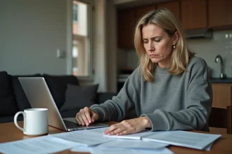 Femme inquiète à la maison consulte ses documents de loyer