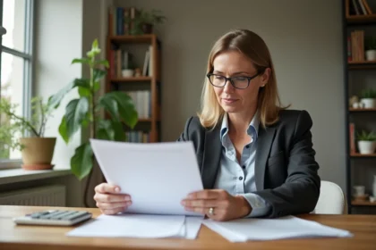 Femme d age moyenne examine documents immobiliers dans un salon lumineux