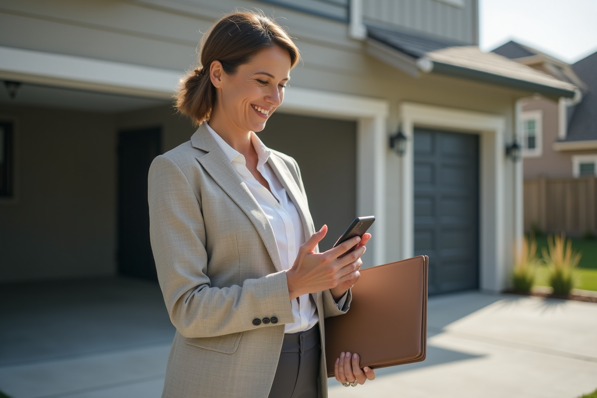 Femme professionnelle vérifiant des infos immobilières dehors