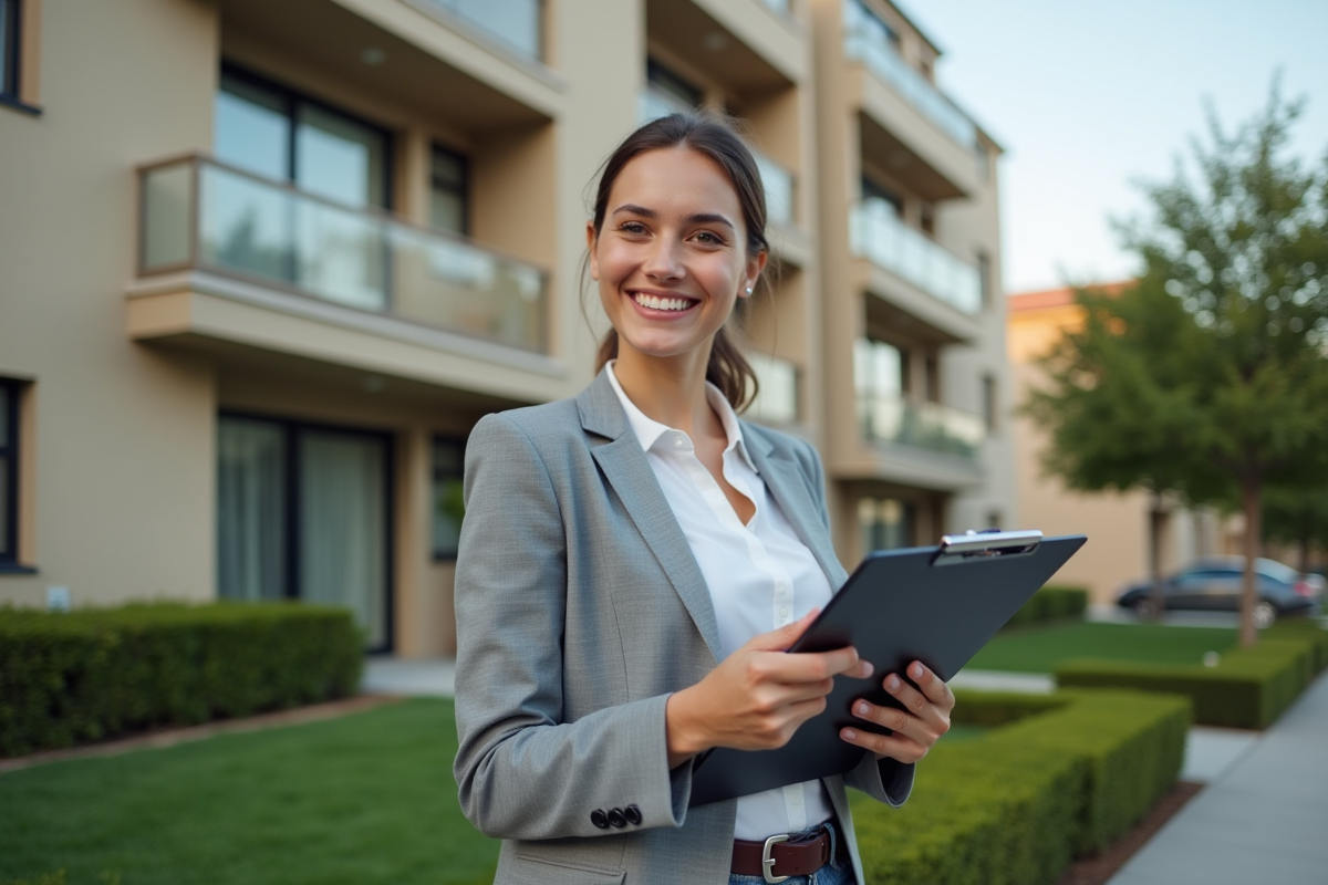 Jeune femme vérifie des documents devant un immeuble résidentiel