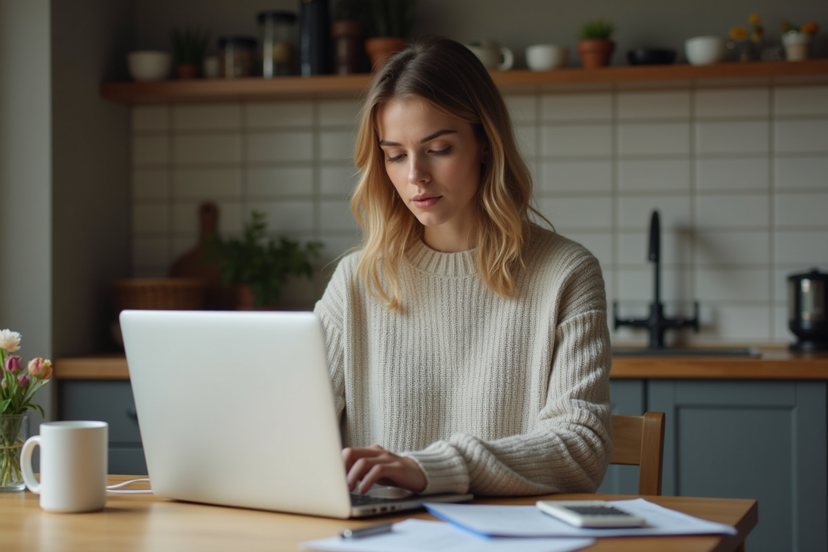 Jeune femme préparant ses impôts à la maison avec un ordinateur portable