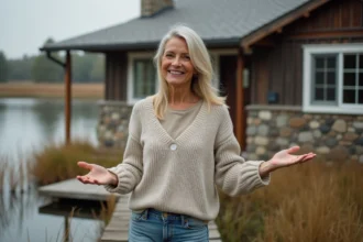 Femme souriante devant une maison au bord du lac
