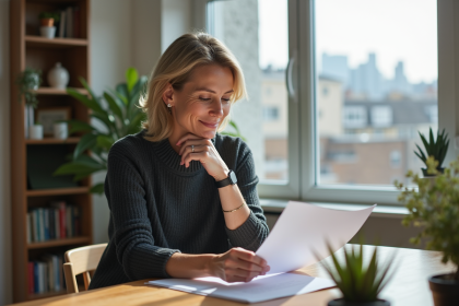 Femme lisant un contrat de location dans un appartement lumineux