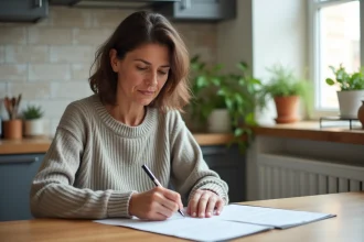 Femme lisant des papiers de location dans la cuisine