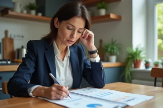 Femme lisant un rapport geo dans une cuisine moderne
