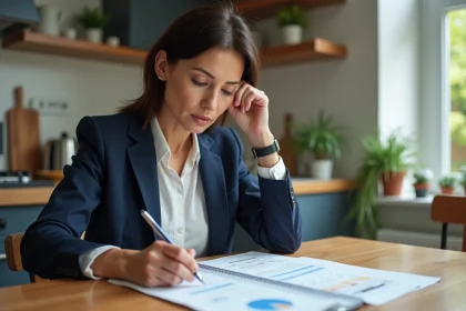 Femme lisant un rapport geo dans une cuisine moderne
