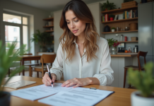 Femme examinant des documents de location dans une cuisine moderne