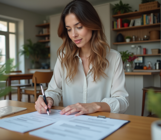 Document pour location longue durée : quel choisir et comment s’y prendre ? Femme examinant des documents de location dans une cuisine moderne