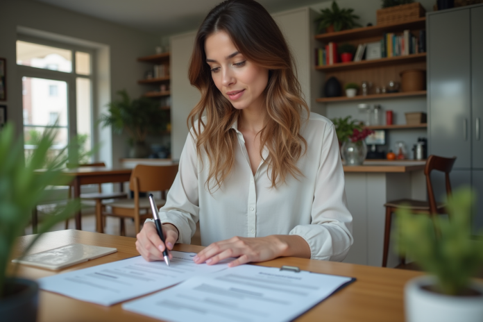 femme-louer-documents Femme examinant des documents de location dans une cuisine moderne