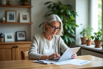 Femme âgée étudie des documents de maison dans un salon chaleureux