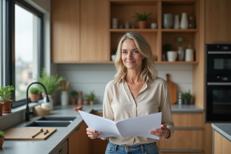 Femme détendue dans une cuisine moderne lisant des documents immobiliers