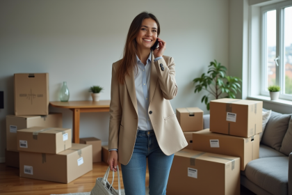 Femme souriante tenant un smartphone dans un déménagement