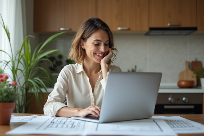 Femme souriante examine des documents financiers à la maison