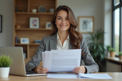Femme professionnelle tenant des documents dans un bureau moderne
