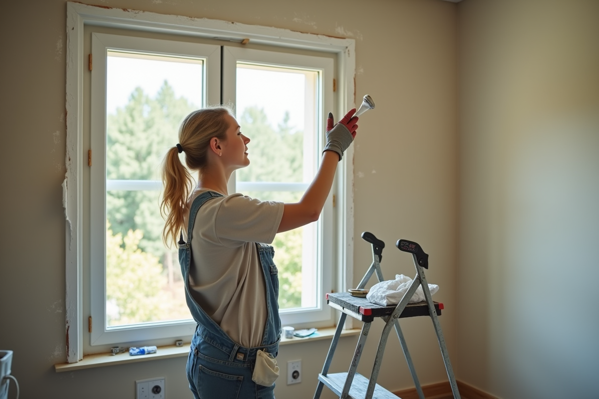 Femme peignant un cadre de fenêtre dans un salon lumineux