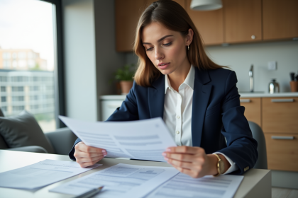 Femme en costume examinant des documents de prêt immobilier