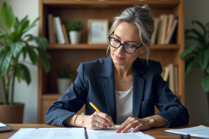 Femme professionnelle en blazer bleu examine des documents de location