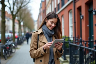 Jeune femme professionnelle souriante à Lille avec trench et tablette