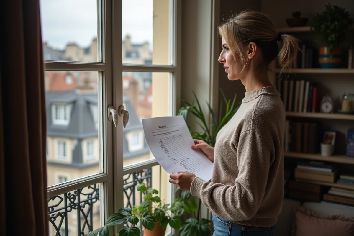 Femme regardant par la fenêtre dans un appartement parisien
