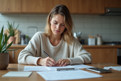 Femme remplissant un formulaire d'assurance habitation à la maison