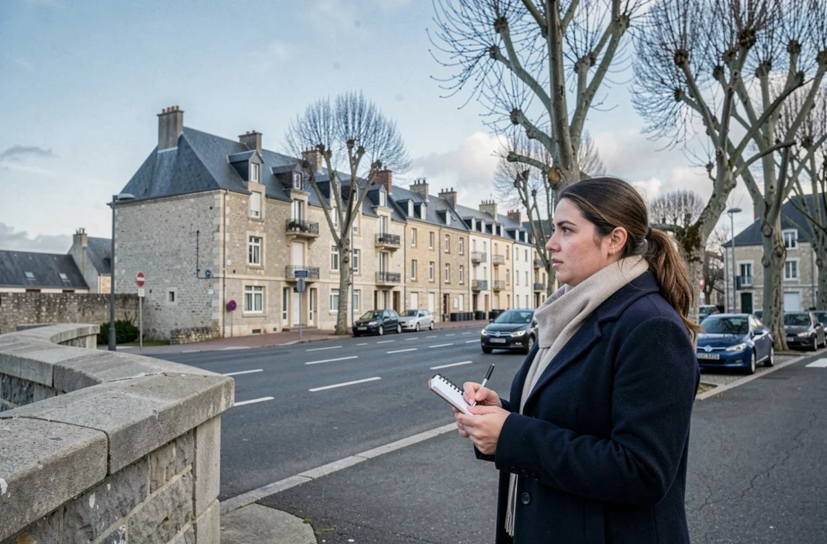 Femme en repérage immobilier sur le front de mer de Saint-Malo observant les immeubles résidentiels des quartiers proches des remparts
