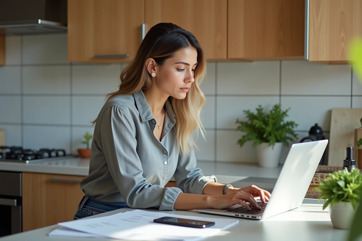 Jeune femme travaillant sur un ordinateur dans la cuisine