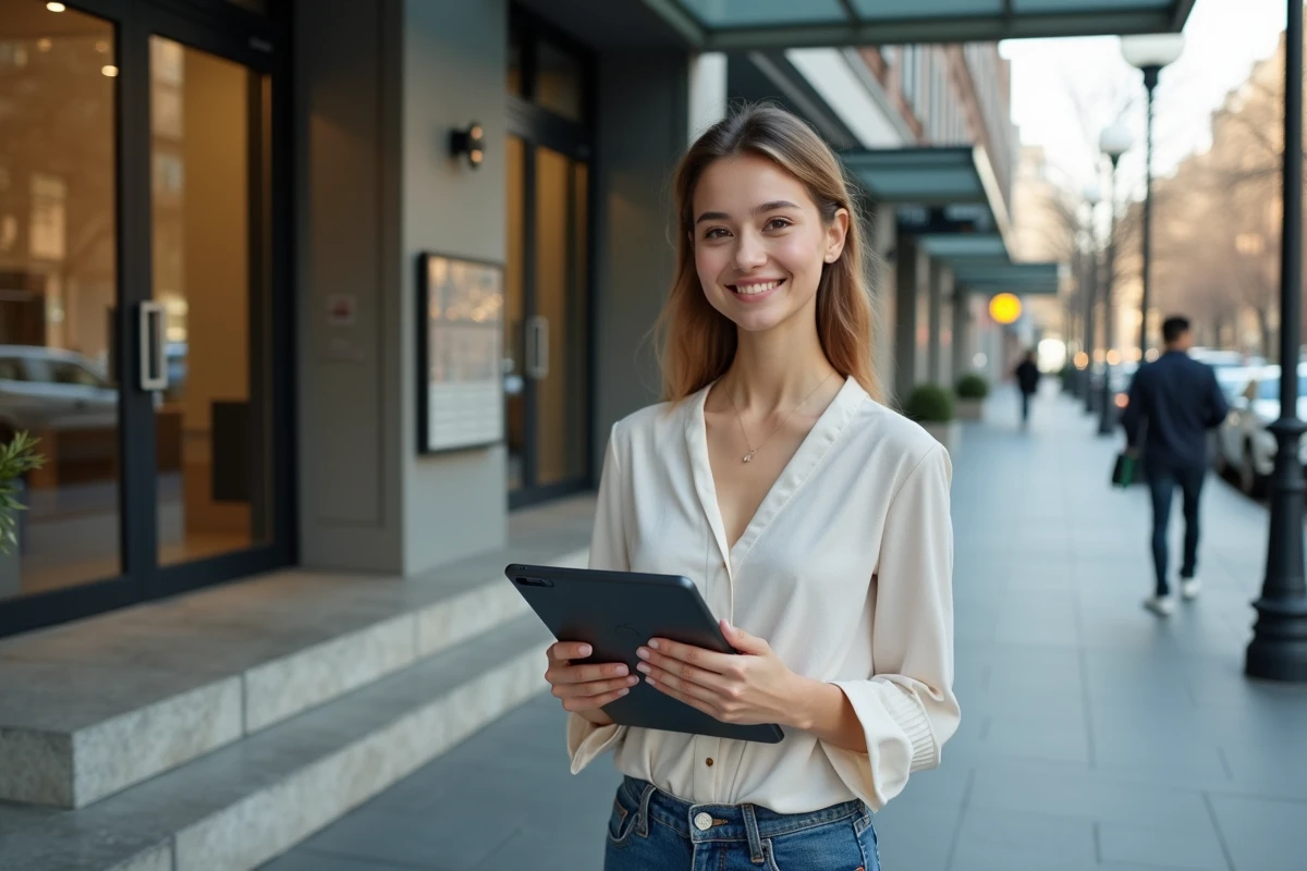 Jeune femme avec tablette devant immeuble urbain moderne