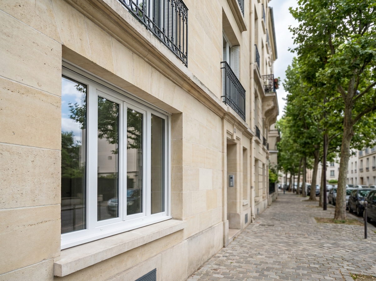 Fenêtre PVC triple vitrage récemment installée sur la façade d'un immeuble résidentiel à Courbevoie