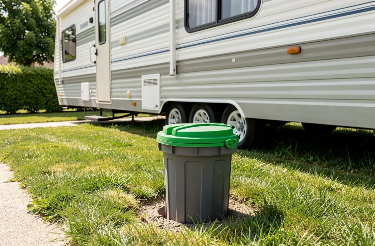 Filtre compact enterré à côté d'un mobil-home sur un petit terrain