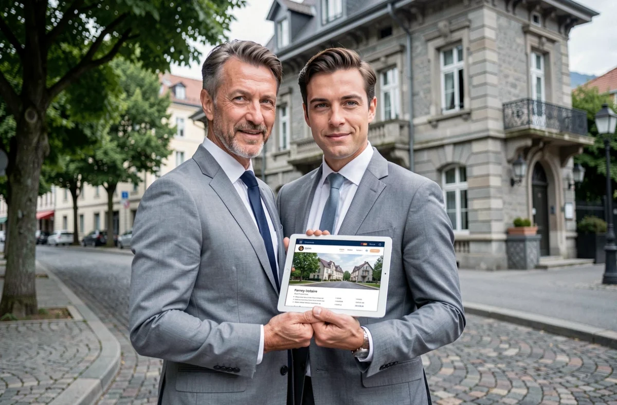 Agent Foncia en costume devant une maison de ville classique à Ferney-Voltaire avec tablette numérique