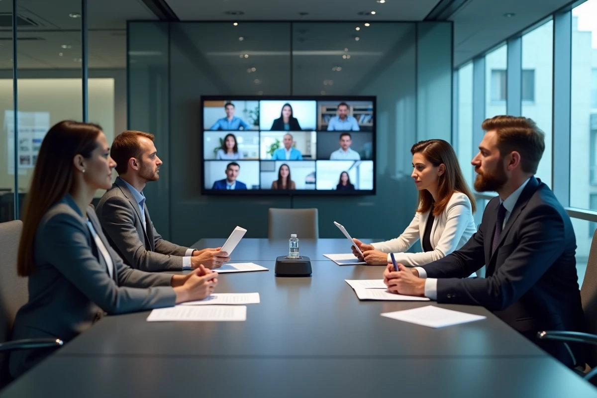 Équipe professionnelle en salle de conférence gérant une assemblée générale hybride avec participants à distance
