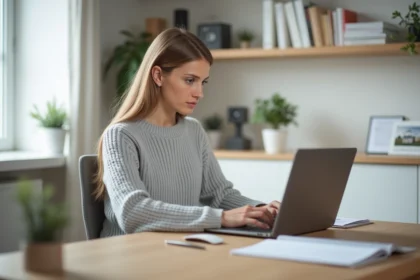 Femme consultant une plateforme de location immobilière en ligne depuis son bureau à domicile