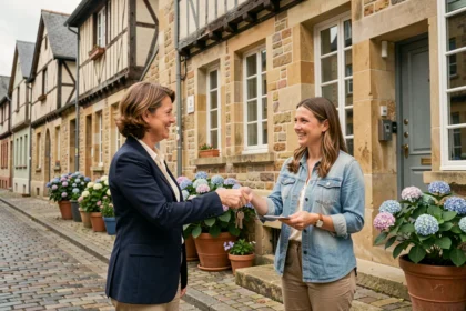 Agent immobilière remettant des clés à un couple devant un immeuble en pierre bretonne à Rennes, symbole de la gestion locative en Ille-et-Vilaine